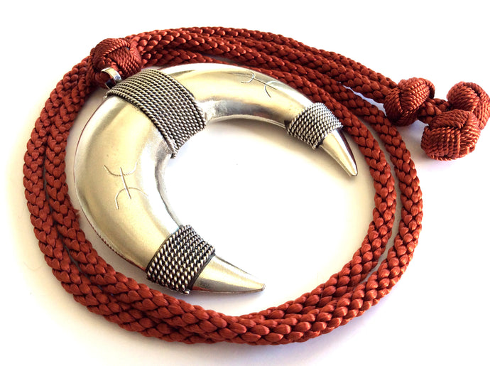 Handmade double tusk metal pendant ,red adjustable necklace
