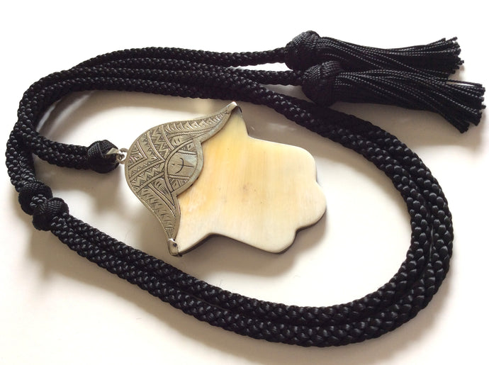 Hand of Fatima horn pendant,black cord necklace